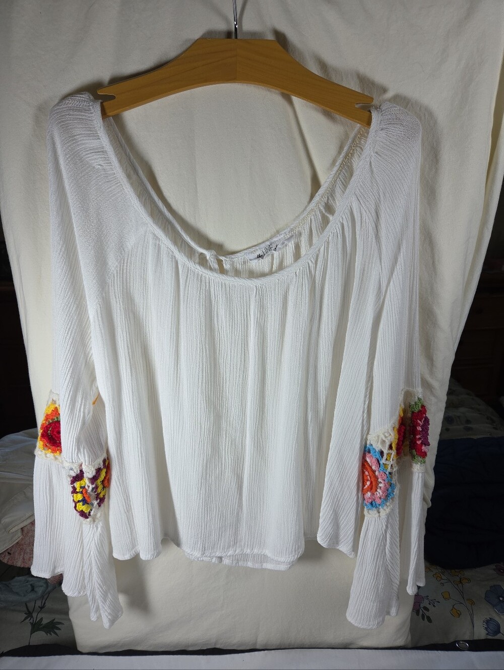 The Line Of Style White Gauzy Top L With Crochet Detail Bell Sleeve